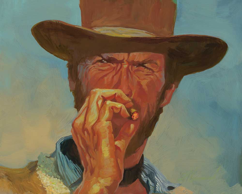 A painting of a rugged man wearing a wide-brimmed hat, squinting under the sun, and smoking a cigar against a clear blue sky backdrop.