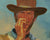 A painting of a rugged man wearing a wide-brimmed hat, squinting under the sun, and smoking a cigar against a clear blue sky backdrop.