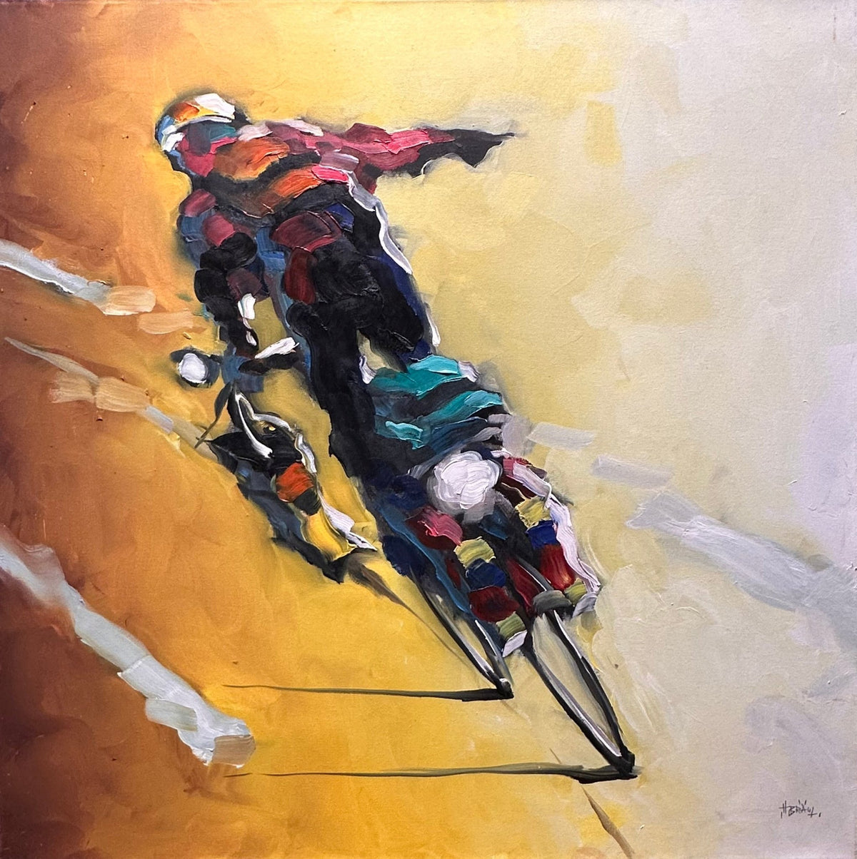 Right Turn - 175947 is an original oil on canvas by Harold Braul, depicting a cyclist in motion from a top-down angle. The vibrant red, blue, and yellow brushstrokes convey speed and energy as the cyclist turns against a sunny backdrop.