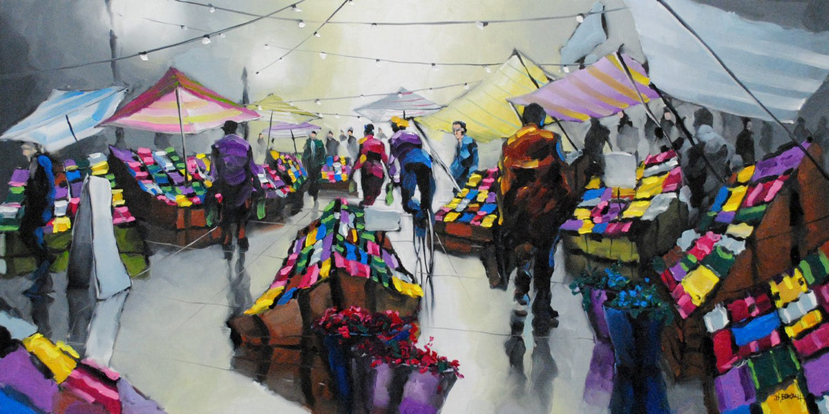 The original oil on canvas Virgil - 181817 depicts a vibrant marketplace with colorful striped tents, illuminated string lights, and people browsing multicolored goods under a somber gray sky, reminiscent of Harold Brauls style.