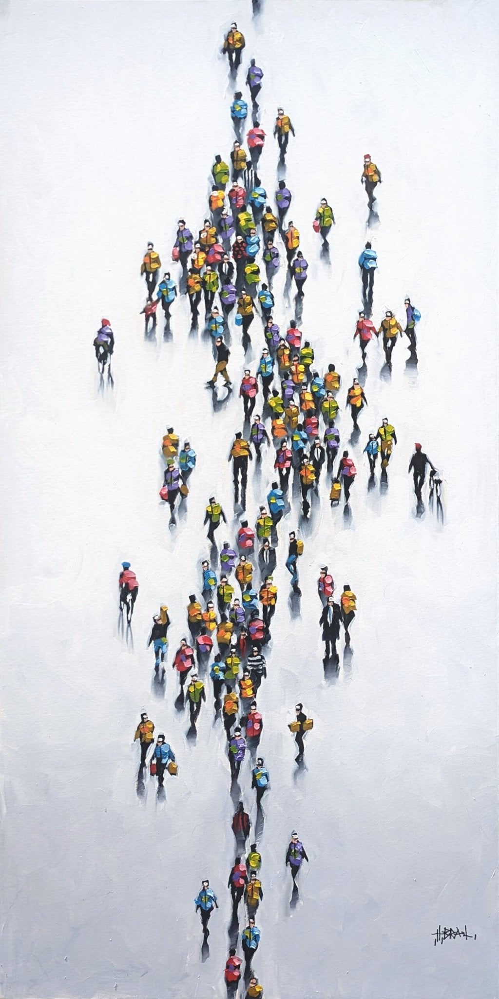 An abstract oil painting from the CCTV Series captures numerous colorful figures walking on a snowy path, viewed from above, evoking modern surveillance cultures impression of a bustling crowd.