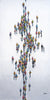 An abstract oil painting from the CCTV Series captures numerous colorful figures walking on a snowy path, viewed from above, evoking modern surveillance cultures impression of a bustling crowd.