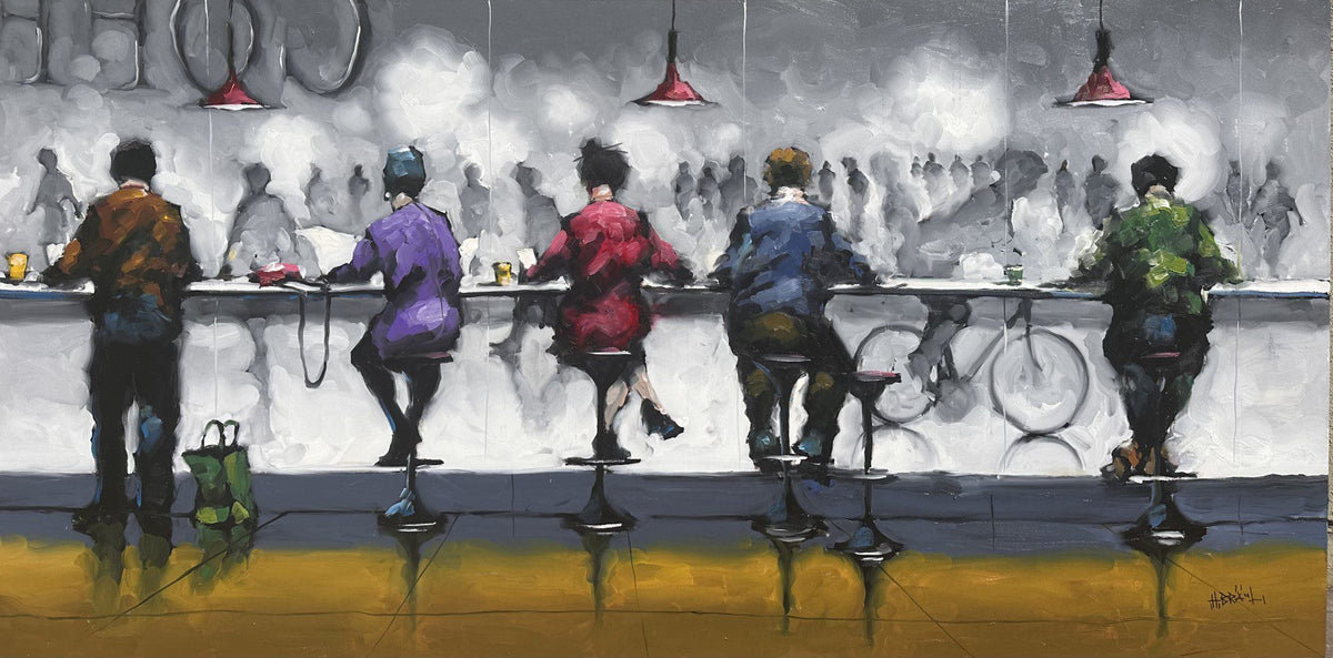 The Coffee Shop Series - 191683 by Harold Braul depicts five people in colorful outfits at a bar with pendant lights above. The warm yellow floor and a bicycle on the right enhance the cozy coffee shop ambiance amidst a blurred crowd.
