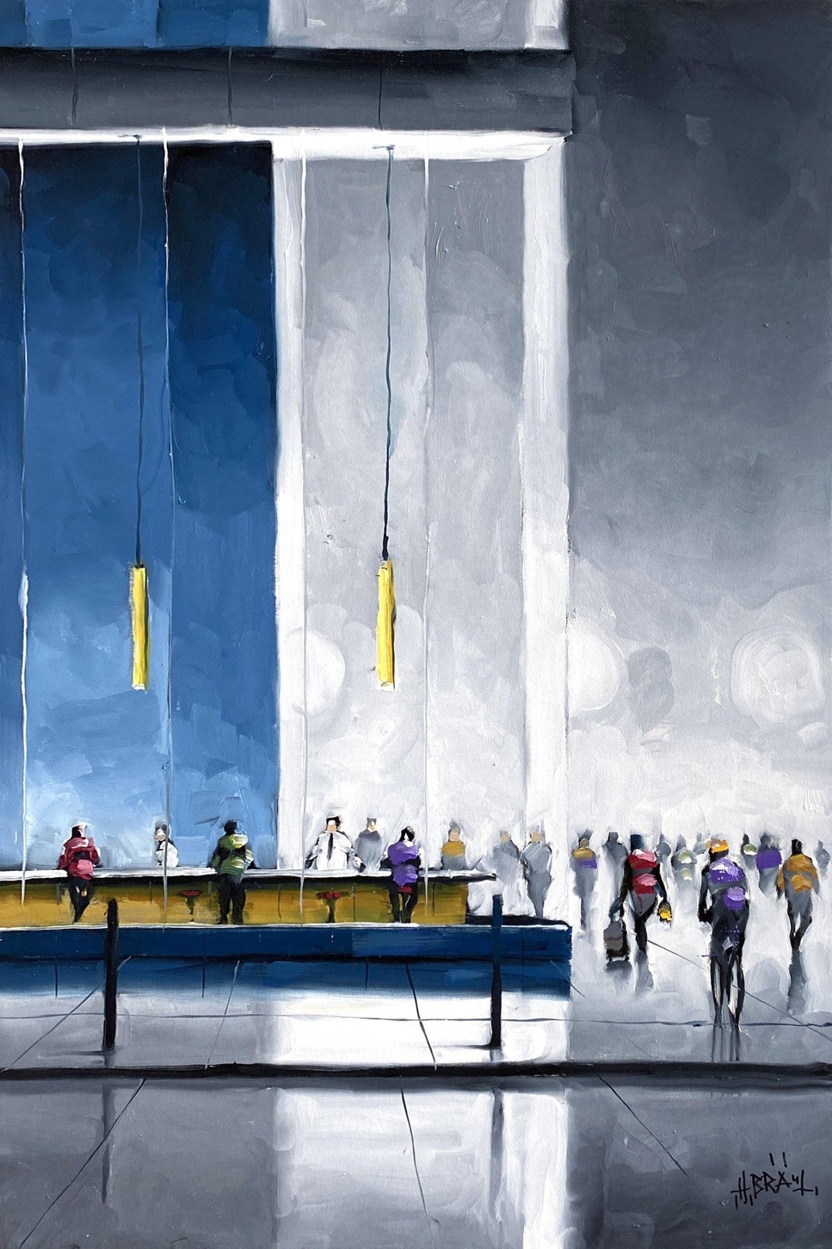 Harold Brauls piece from the Coffee Shop Series - 191747 portrays a lively, urban street scene in a tall lobby, featuring sketch-like figures, a large blue wall, and yellow pendant lights.