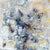 Abstract - 192714: Acrylic on canvas featuring clusters of small, angular blue, red, and purple shapes across a textured gray, white, and yellow background, created with expressive palette knife techniques for dynamic movement.