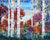 The vibrant painting Day Birch With Pines by Maya Eventov captures a serene autumn scene with tall, white birch trees. It beautifully portrays foliage in red, pink, orange, and green on acrylic canvas against a gradient sky of blue and peach tones.