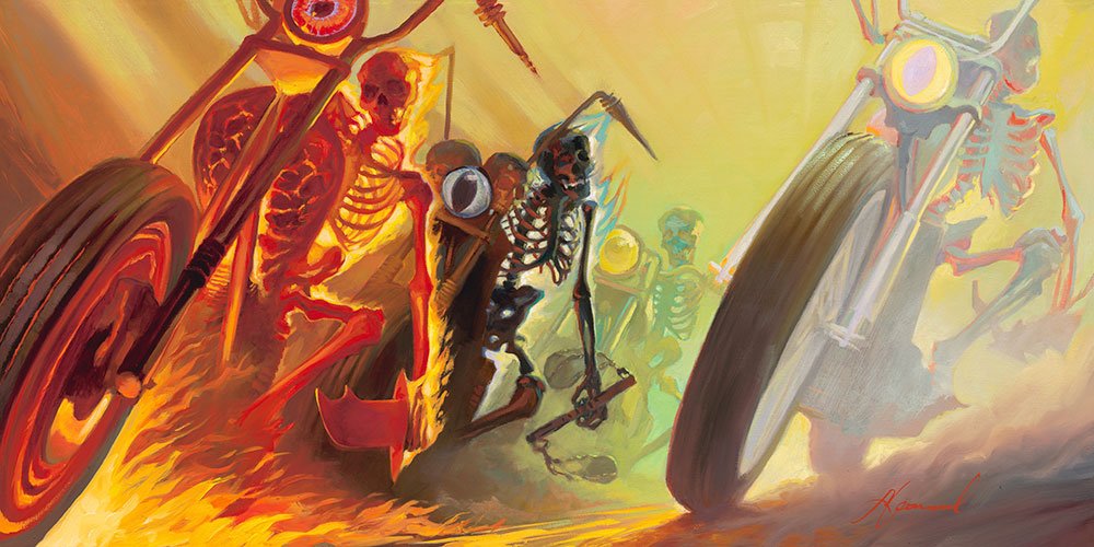 A vibrant illustration of skeletal bikers in Gabe Leonards style from 4 Horseman, featuring motorcycles leaving fiery trails against a smoky, apocalyptic backdrop in shades of red, yellow, and orange.
