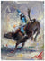 The artwork 8 Seconds dynamically captures a thrilling rodeo scene with a rider in blue and a light hat tussling with a bucking bull, set against an abstract swirl of colors that amplifies the motion and excitement typical of Michael Flohrs style.