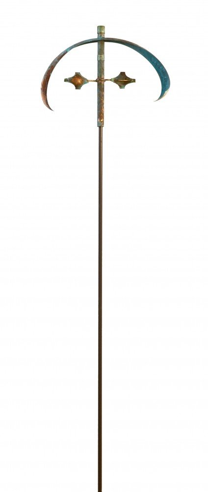 The medieval polearm, with its long handle and crescent-shaped blade, evokes the dynamic motion of Lyman Whitakers Elements - Air wind sculptures. Star-like protrusions mirror contemporary fine art, while the slightly tarnished metal exhibits a mix of rusty and bluish hues.