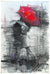 Always and Forever depicts two figures embracing under a red umbrella, with a monochrome sketch-like background contrasting the vivid red. The romantic style resembles Michael Flohr’s art, capturing movement and emotion in a rainy scene.