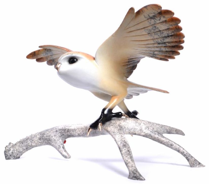 Amelia: A ceramic barn owl figurine with wings spread, perched on an antler-like branch. Features lifelike light brown, white, and grey feathers reminiscent of Tim Cotterills art for realistic charm.