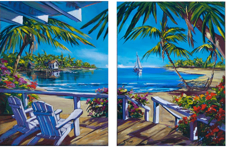 Anchored, a vibrant diptych by Steve Barton, showcases a tropical beach scene. The two panels, rich in color, feature wooden chairs on a porch overlooking the serene sea and a sailboat, surrounded by palm trees and lush flowers near a small house in the background.