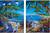 Anchored, a vibrant diptych by Steve Barton, showcases a tropical beach scene. The two panels, rich in color, feature wooden chairs on a porch overlooking the serene sea and a sailboat, surrounded by palm trees and lush flowers near a small house in the background.