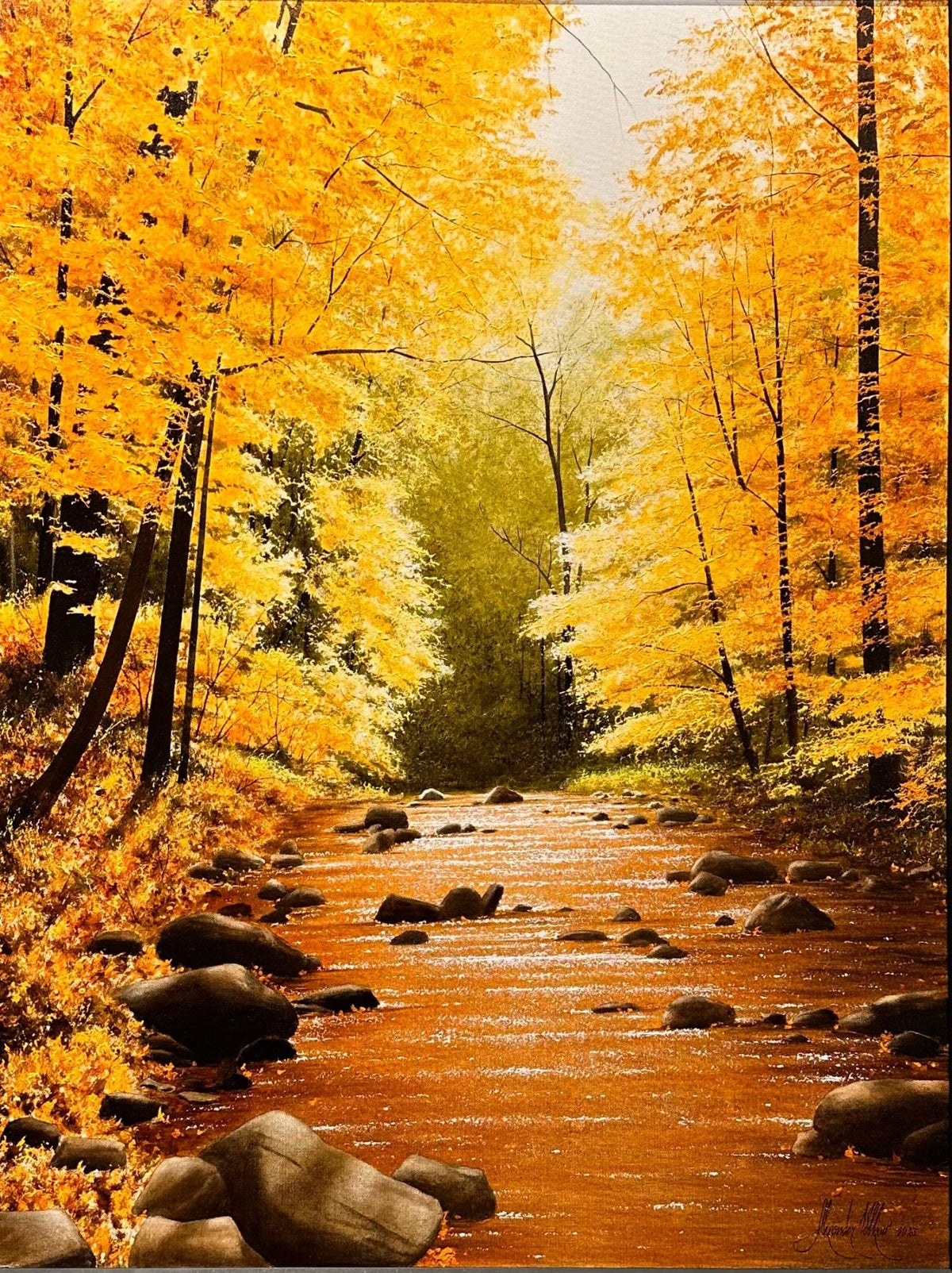In Autumn Farewell, Alexander Volkov’s original oil painting, a river winds through a sunlit forest of trees draped in vivid yellow and orange autumn leaves, with sunlight reflecting off the water in this evocative scene.