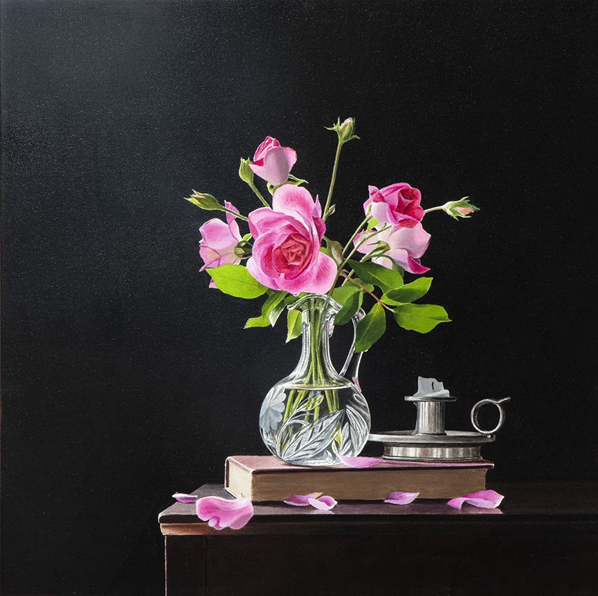 Autumn Rose by Alexander Volkov is a realistic still life of pink roses in a glass vase on a dark wood table, atop a closed book with scattered petals, and an old-fashioned inkwell nearby, creating a stunning contrast of light and dark.