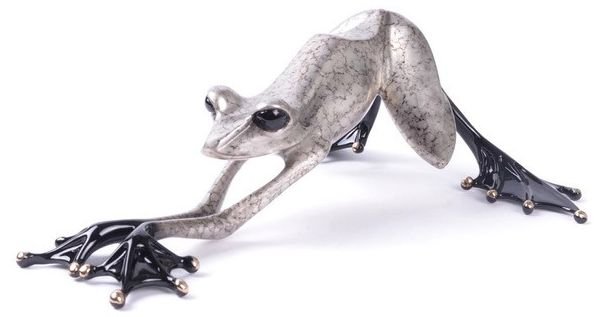 The Rocket sculpture by Tim Cotterill has a silver nitrate patina that gives its body a marble-like texture and metallic black legs. Its elongated posture with extended front legs and large eyes creates a dynamic, sleek look.