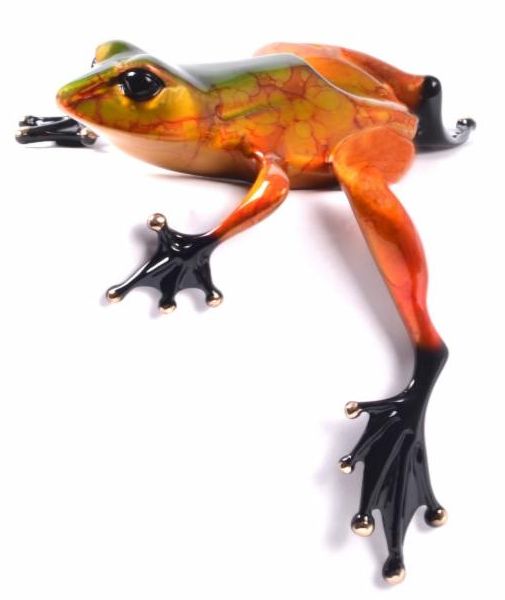 The Frogman sculpture Diego exudes autumnal tones with a brightly colored glass frog in orange and green hues. Its glossy texture, detailed patterns, and splayed large black feet enhance its vibrant allure, with a reflective surface amplifying its captivating colors.