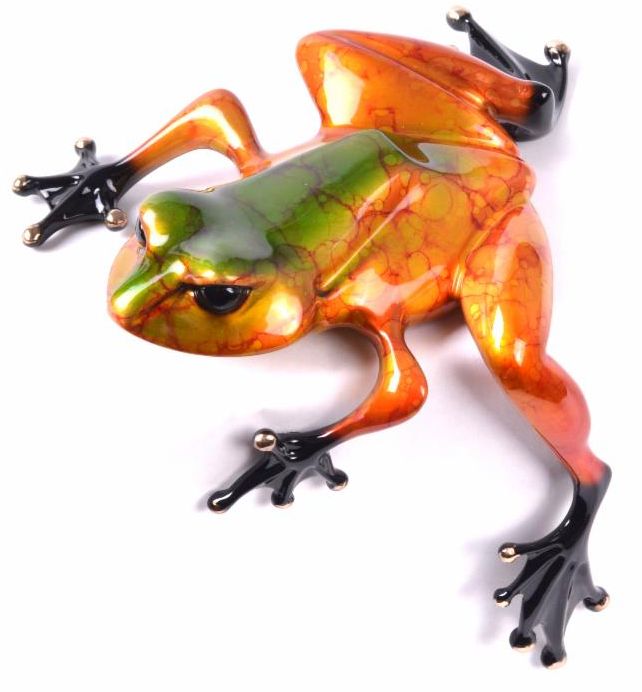 Diego is a colorful ceramic Frogman figurine with a vibrant green and orange body, glossy black legs, and an animated posture that looks ready to leap amidst autumnal tones.