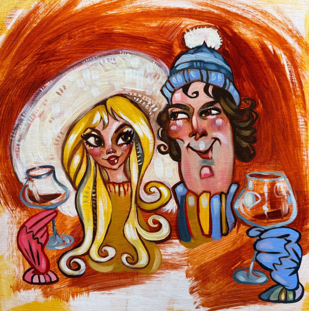 The original oil painting Baby Its Cold Outside depicts a blonde woman and a man in a blue winter hat with exaggerated features, sharing wine amid swirling orange and red backgrounds, radiating Todd Whites whimsical charm.