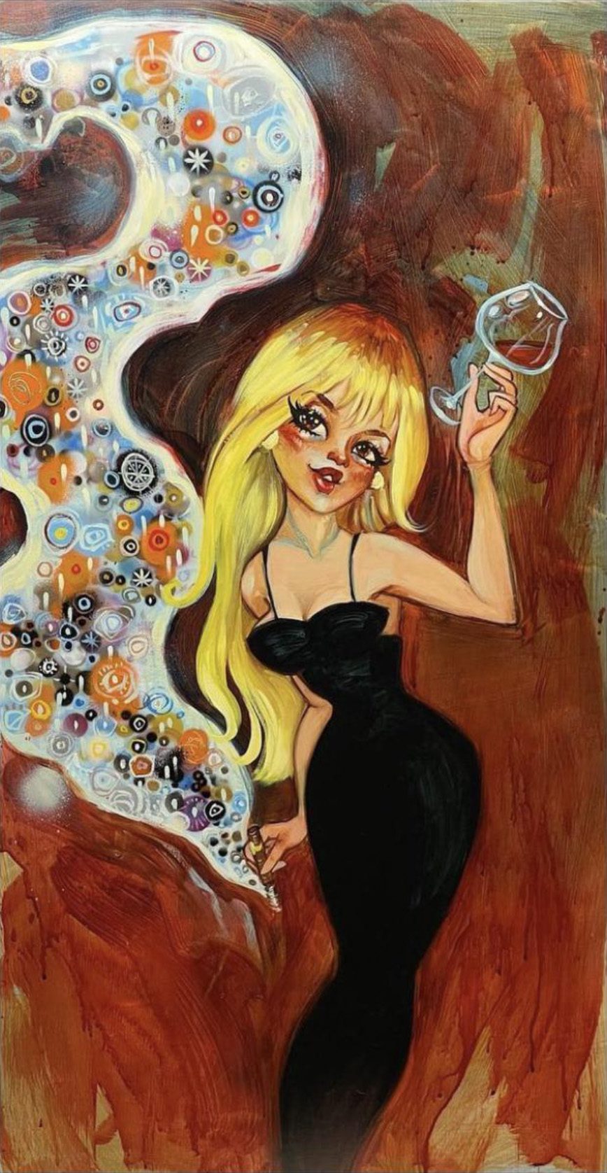A stylized painting titled Bad For Your Health depicts a woman with long blonde hair in a black dress holding a wine glass. She stands against Todd Whites vibrant, swirling abstract background of circles and patterns, set in warm earthy tones.