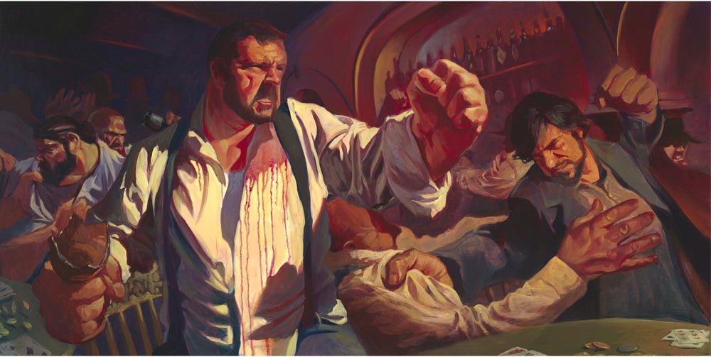 In Gabe Leonard’s “Bar Fight,” cinematic chaos erupts as fists fly and bodies fall around a warmly lit table, with one central figure bleeding from the chest in the heart of the dramatic scene.