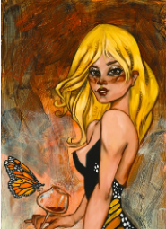 Artistic depiction of a woman with butterfly wings and a butterfly on her arm, set against a textured background.