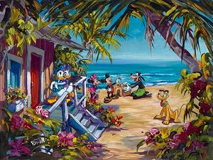 In Beach Bash, Daisy Duck stands on steps while Mickey, Minnie, Goofy, and Donald play volleyball by the ocean, as Pluto relaxes under palm trees amid tropical flowers in this vibrant Disney Giclée on Canvas.