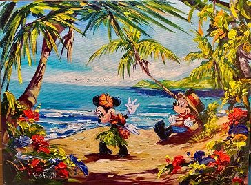 The Beach Jam Disney giclée painting features animated characters on a tropical beach. One dances in a grass skirt, and the other sits with a hat amid palm trees and vibrant flowers, while the ocean and distant island complete the scene.