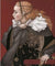 A stylized portrait titled Beatrice features her with curly reddish hair, a ruffled white collar, an ornate patterned garment, and a flowing cloak. She gazes sideways against a deep red background in the style of Michael Parkes.