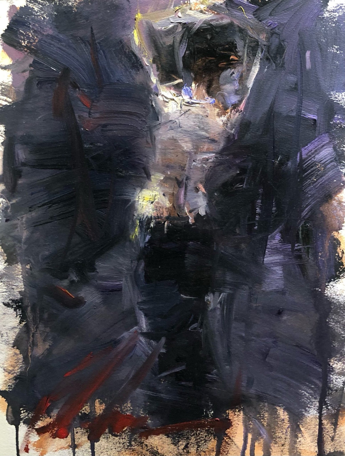 The art piece, Beautiful Evening, features an abstract painting with dark shades of black, blue, and purple. A central area with lighter colors like beige and yellow suggests a human-like figure amidst chaotic brushstrokes, creating a dramatic and intense atmosphere.