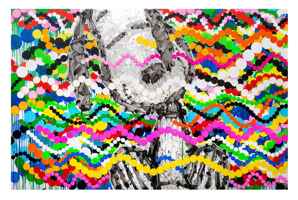 Big Poppa features a grayscale abstract skeleton with braids, overlaid by vibrant rows of colorful dots and circles in a lively, energetic style reminiscent of Tom Everhart’s iconic Peanuts and Snoopy-inspired artwork.
