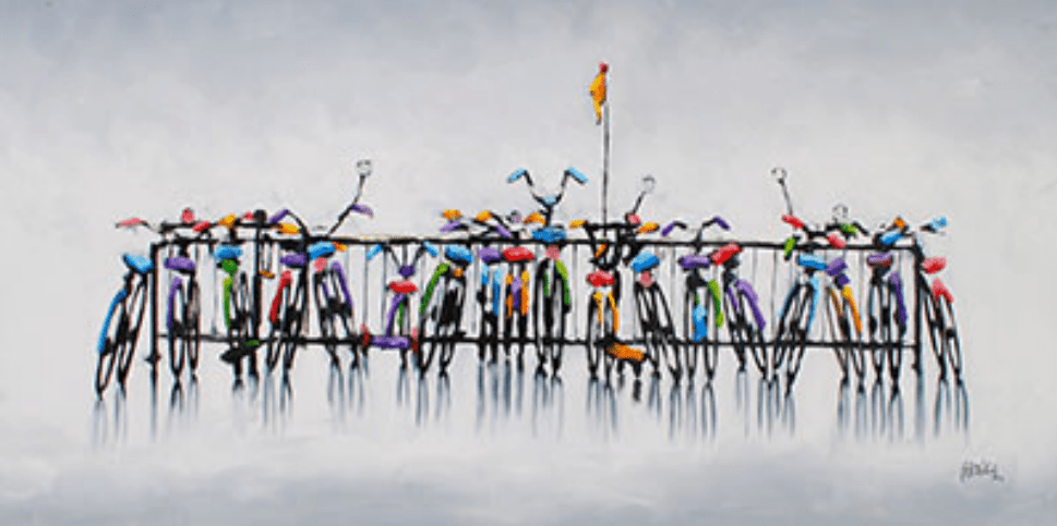 The Bike Rack Series - 192805 features a colorful abstract painting of bicycles lined up on a rack, each detailed in vivid red, blue, yellow, and orange, with one bike displaying a small flag against a gray misty backdrop.