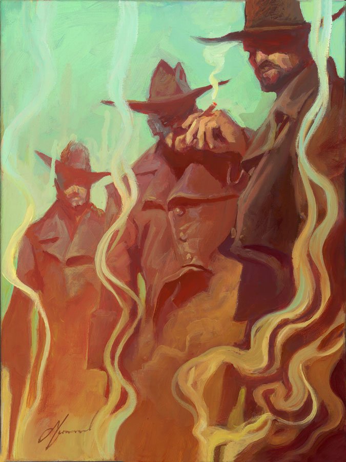 Inspired by Gabe Leonards painting Birds of a Feather Study, this artwork showcases three figures in wide-brimmed hats and long coats, surrounded by swirling smoke. The central figure, holding a cigar, is set against a warm palette with greenish backgrounds.
