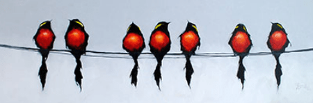 The artwork, Birds on a Wire - 192904 by Harold Braul, showcases seven vibrant birds with vivid red bodies and striking black heads and tails, poised elegantly on a wire against a serene light gray background.