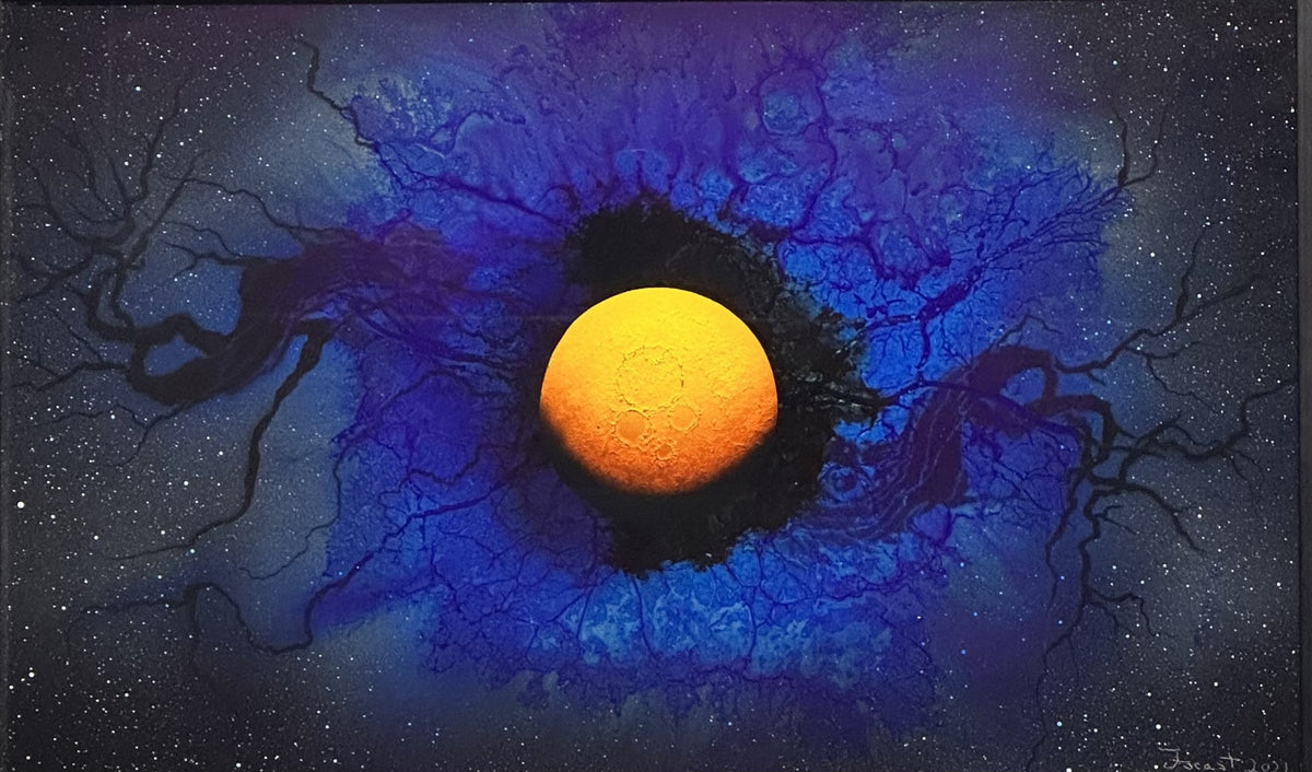 A glowing orange planet named Blackhole hovers at the center of a dark cosmic scene, surrounded by swirling blue and black nebula-like patterns and white specks that resemble distant stars.