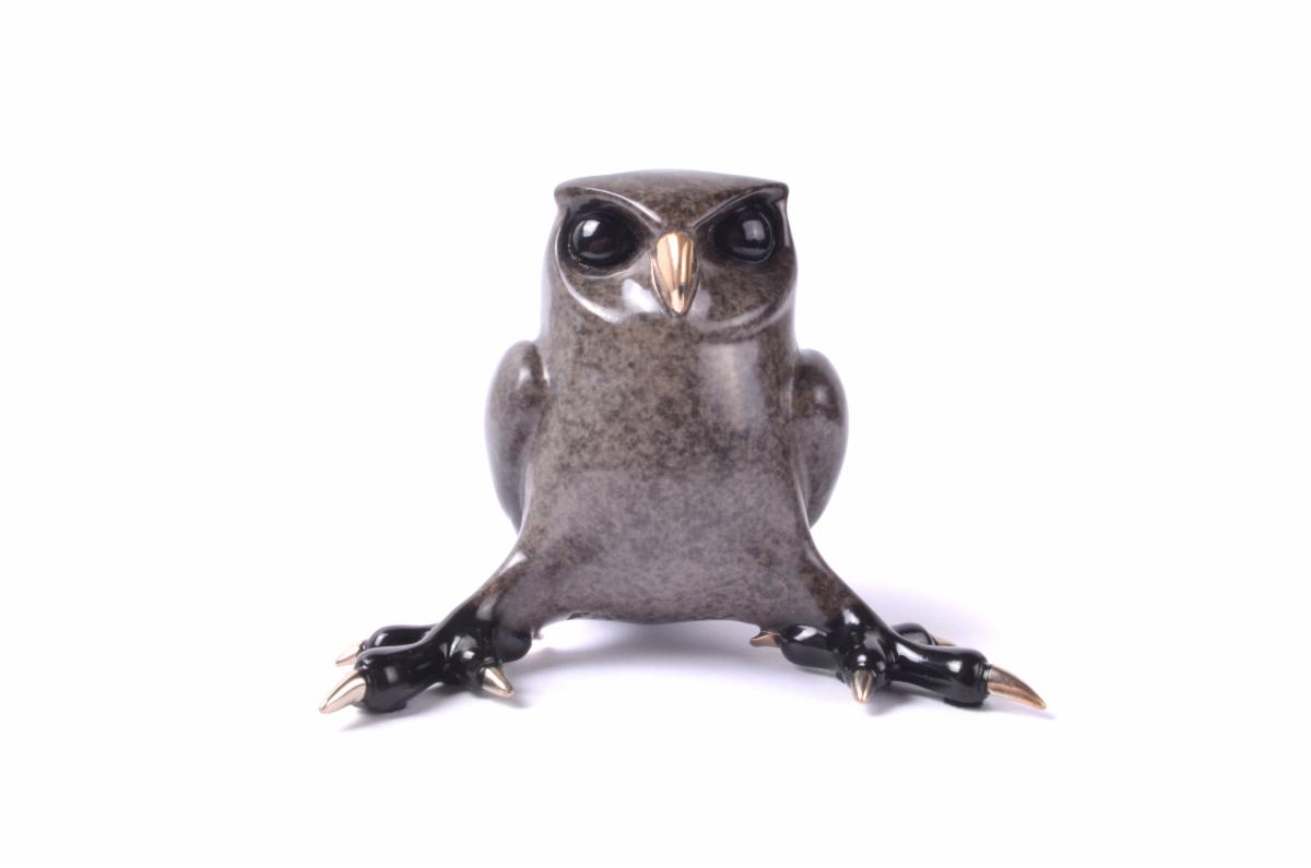 The sleek gray Bronson owl sculpture, in Tim Cotterills style, features shiny black talons and glossy eyes and beak. This polished piece captivates art collectors against a plain white background.