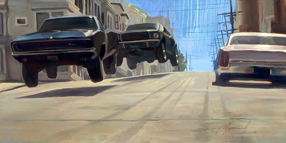 The captivating Bullitt painting depicts a car chase on a steep city street with two vintage cars airborne as a white one pursues them. Urban scenery and power lines against a clear blue sky exude the thrilling essence of Gabe Leonard.