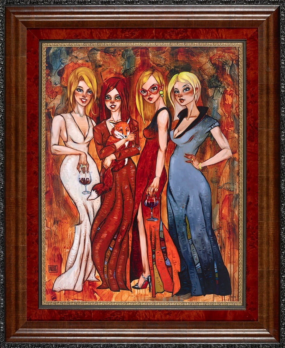 In Todd Whites Chasing Foxes, four elegantly dressed women stand with wine glasses, one holding a red fox. The colorful reds, oranges, and yellows of the background heighten the allure of this figurative expressionist art piece.