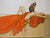A figure named Cleopatra, draped in flowing red cloth, reclines alongside a black cat on a ledge. This scene resembles a Michael Parkes stone lithograph with its minimalist background and subtle classical elements.