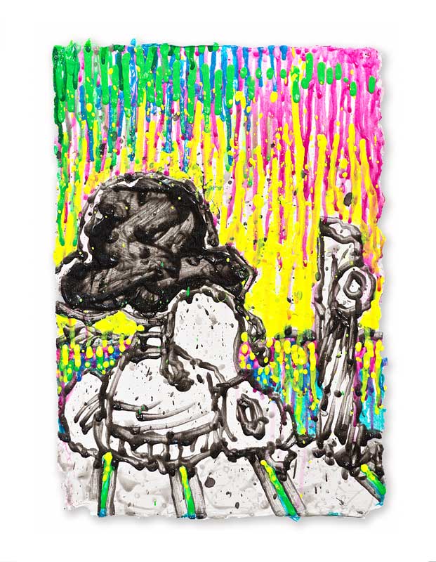 An abstract painting in the bold style of Tom Everhart, with colorful drips in green, yellow, pink, and blue. Dark textured shapes contrast against a bright background, reminiscent of a Coconut Bouffant landscape on a textured surface.