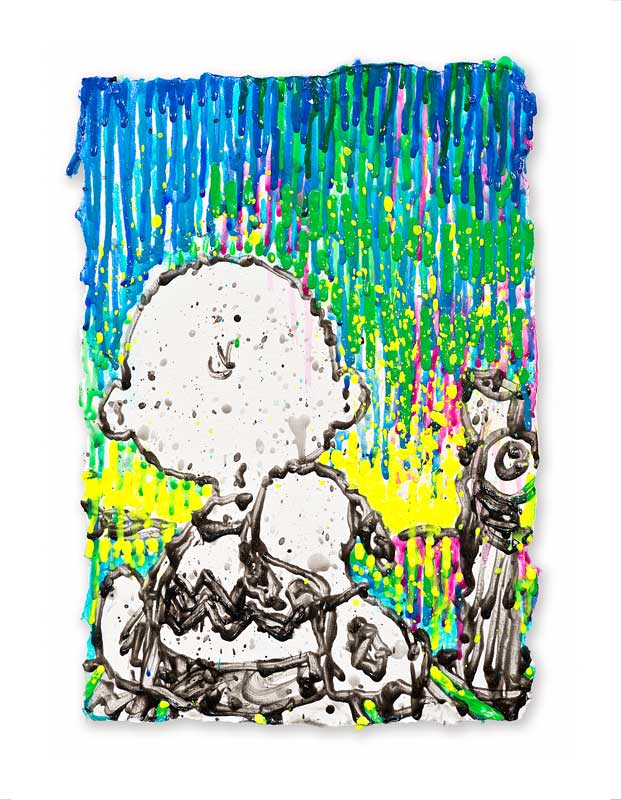 The colorful abstract artwork, Coconut Fabulous, features a cartoon character with a zigzag shirt, standing beside a small dog. The vibrant background bursts with dripped blue, green, yellow, and pink streaks—a lively nod to pop culture reminiscent of Tom Everharts style.