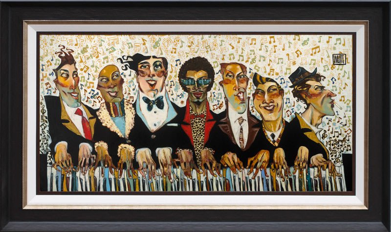 A framed painting named Colorful Keys portrays seven jazz musicians with exaggerated features. They play vibrant keys surrounded by swirling musical notes, creating an energetic atmosphere. The figures, reminiscent of Todd Whites style, are dressed in colorful jazzy suits.