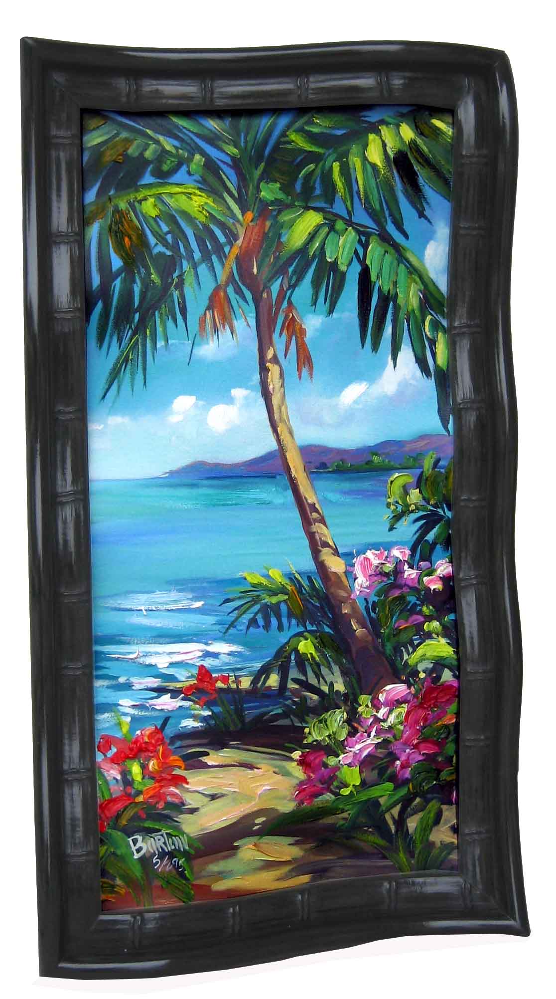 The vibrant painting titled Cool Blue resembles Steve Barton art, showcasing a tropical beach scene with a palm tree, colorful flowers, and turquoise ocean waves against distant mountains. Encased in a dark wavy frame, this coastal landscape captures serene beauty perfectly.