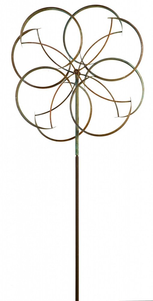 The Counterpoint decorative garden wind spinner features a circular, flower-like design of overlapping metal loops on a vertical pole, similar to Lyman Whitaker art, and stands elegantly against a plain white background, evoking the curated ambiance of the Marcus Ashley Gallery.