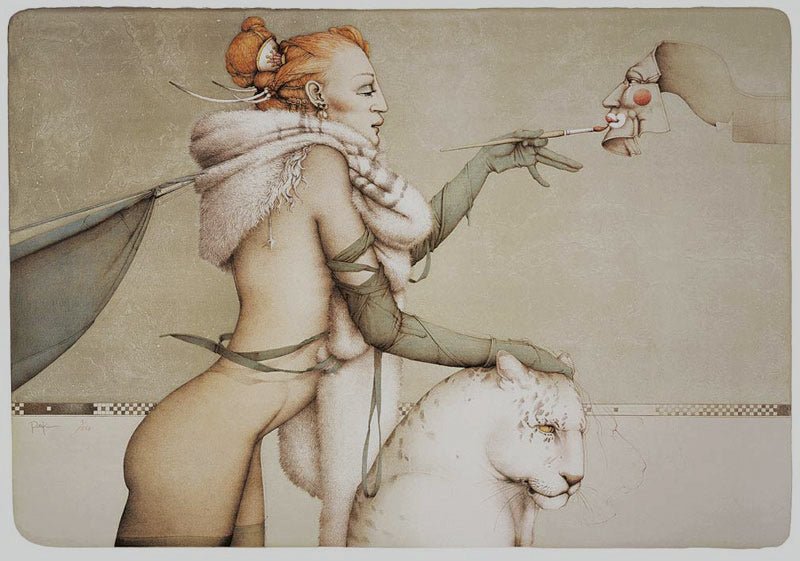 The surreal scene titled The Creation features a red-haired woman in fur and gloves, gazing at a floating hand presenting a clown face. She stands beside a large white cat against a muted backdrop, capturing the fantastical essence of Michael Parkes fantasy realism.