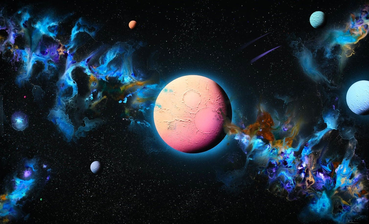 The Creation of Eve showcases a dynamic cosmic scene with a large, colorful planet at its center, framed by swirling nebulae in blue and orange. Vibrant planets are dotted against the starry sky, enhanced by light streaks hinting at movement or comets.