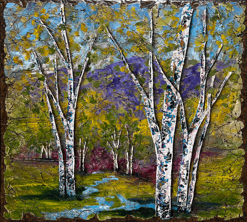 The vibrant painting Dance Dance Revolution by Rolinda Stotts captures a forest scene with white-trunked trees, a winding blue stream, and a colorful, textured background. This dynamic, abstract landscape feels like the centerpiece of an enchanting triptych.