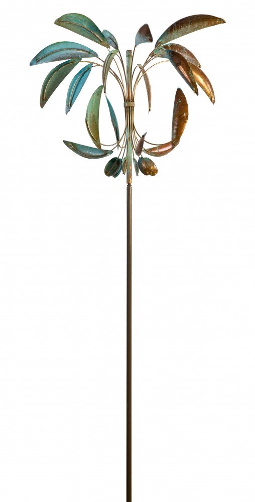The Desert Palm is a metal sculpture with abstract, elongated leaves in green and brown hues, mounted on a tall, slender pole. Its minimalist design embodies contemporary art elegance akin to that of Marcus Ashley Gallery.