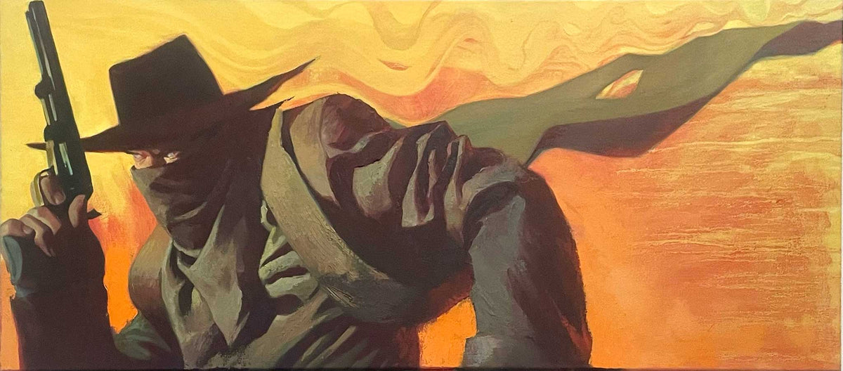 The enigmatic figure, cloaked in a trench coat and wide-brimmed hat from Devils In The Details, grips a revolver, their face partly obscured by a scarf. Warm orange and yellow hues enhance the cinematic intrigue, reminiscent of an original oil on canvas masterpiece.