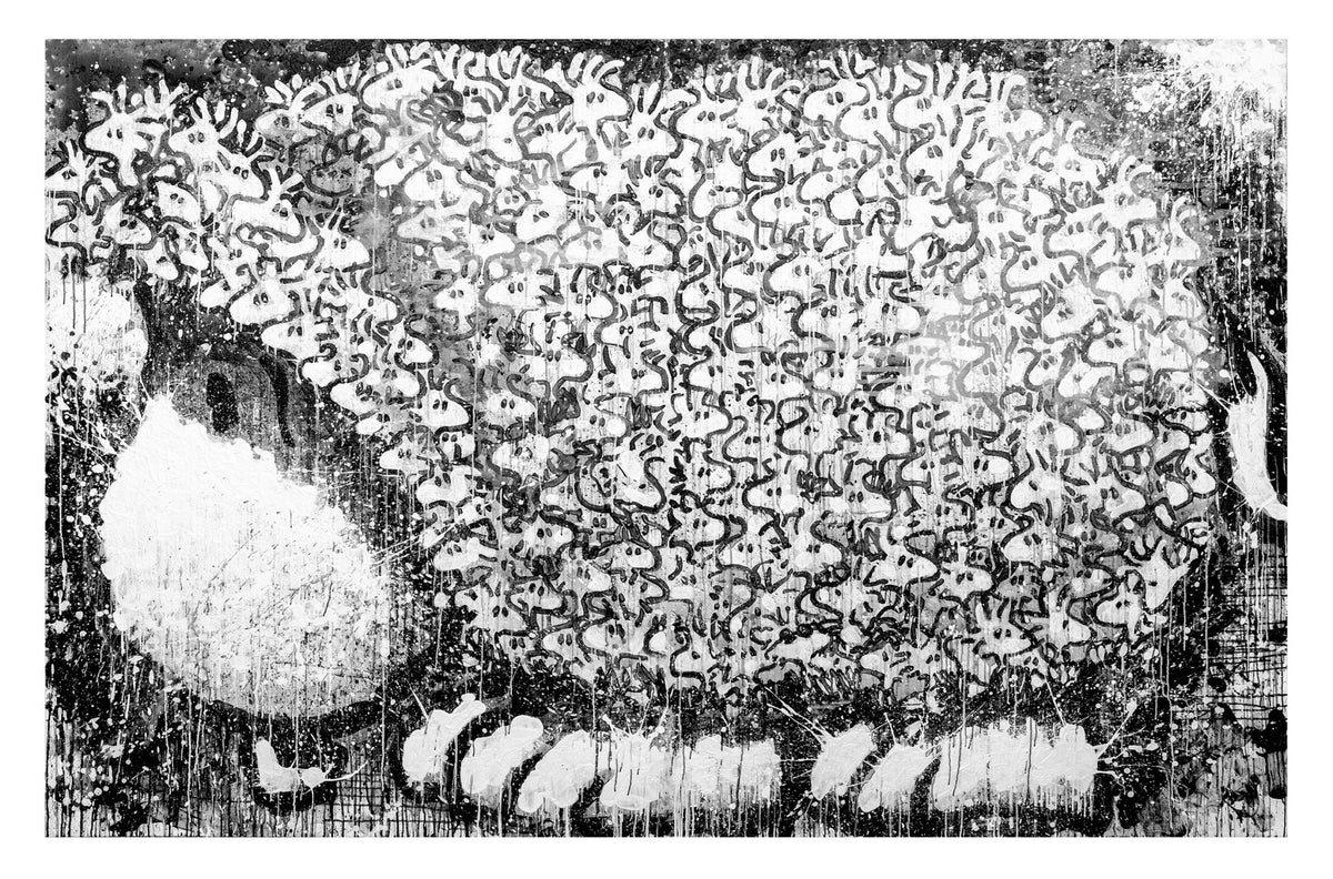 The illustration Does This Make Me Look Fat features an abstract black and white sheep, its body composed of tiny sheep motifs. The textured background, similar to Tom Everharts Peanuts style, includes splotches and lines for an artistic touch.